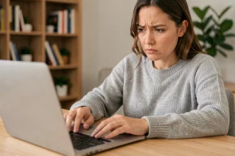 Femme utilisant la touche Shift sur un MacBook argenté posé sur un bureau en bois dans un bureau à domicile moderne