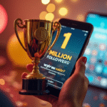Personne tenant un trophée Instagram doré avec ballons et confettis