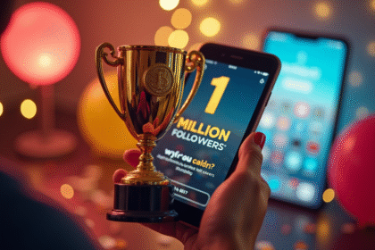 Personne tenant un trophée Instagram doré avec ballons et confettis