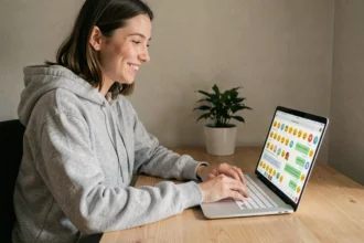 Jeune femme utilisant des emojis dans un chat en ligne sur son ordinateur portable depuis son bureau à domicile