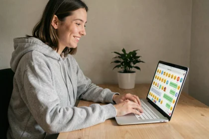 Jeune femme utilisant des emojis dans un chat en ligne sur son ordinateur portable depuis son bureau à domicile