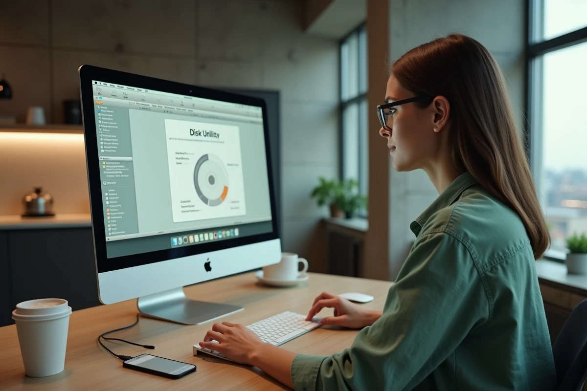 Femme utilisant l'utilitaire de disque macOS pour créer une image ISO et préparer une réinstallation du système